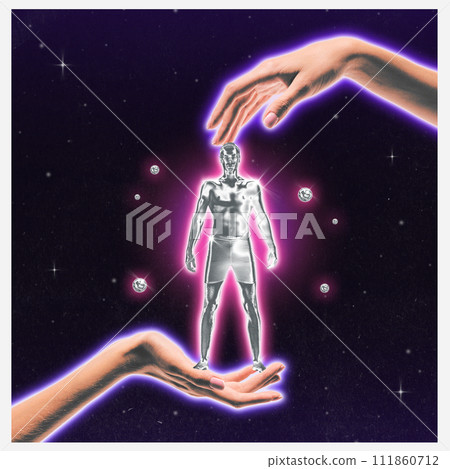 Poster. Modern aesthetic artwork. Hands holds human in silver costume against cosmic, starry background. Futuristic art style. 111860712