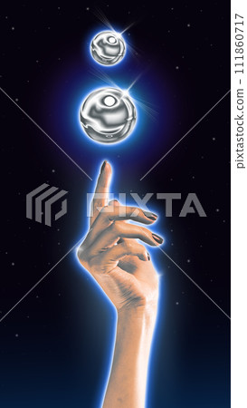 Poster. Contemporary art collage. Hand in neon glow with silver drops looks like cosmic planets against starry background. Futuristic art style. Retro wave 111860717