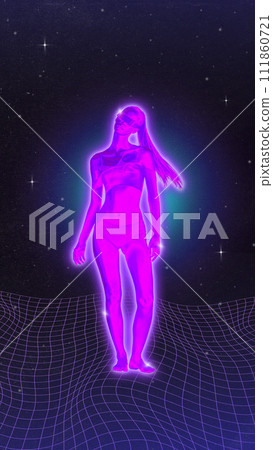 Poster. Contemporary art collage. Female figure in purple neon ultramodern costume standing on grid with starry backdrop. Futuristic art style. 111860721