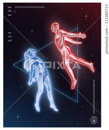 Poster. Modern aesthetic artwork. Two figures with neon outlines, one in blue and one in red, against cosmic background. Futuristic art style. Retro wave 111860723