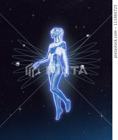 Poster. Contemporary art collage. Female figure with wing-like extensions and radiant outline against starry backdrop. Futuristic art style. Retro wave 111860725