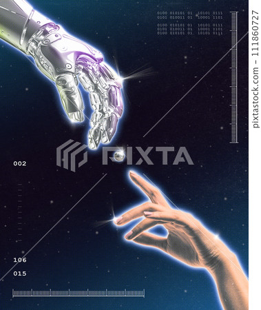 Poster. Modern aesthetic artwork. People and robots. Robotic and person's hands l reaching towards each other. Futurism art style. Retro wave 111860727