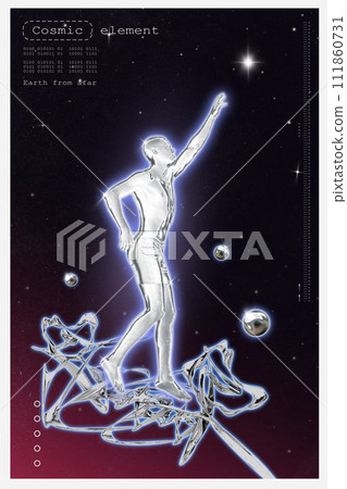 Poster. Modern aesthetic artwork. Cosmic element. Young man in ultra-modern protective costume reaching to bright stars. Futurism art style. Retro wave Poster. Modern aesthetic artwork. Cosmic element. Young man in ultra-modern protective costume reaching to bright stars. Futurism art style. Retro wave 111860731