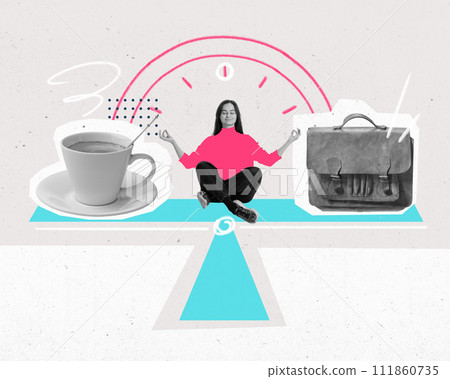 Poster. Modern aesthetic artwork. Woman meditating sitting on scales with cup of coffee and bag with dial on background 111860735