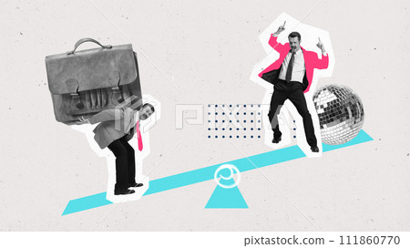 Poster. Contemporary art collage. Scales with one men on two sides who relaxing and dancing and on another carrying huge bag. Poster. Contemporary art collage. Scales with one men on two sides who relaxing and dancing and on another carrying huge bag. 111860770