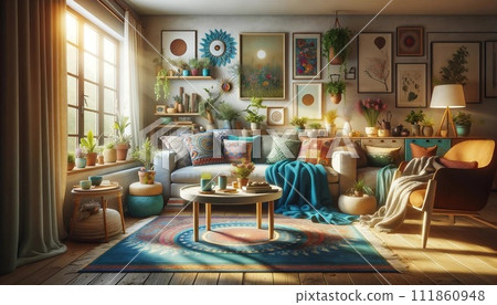 AI-generated content. Sunlit Bohemian Oasis: A Cozy Living Room Bathed in Warm Sunlight, Boho Style AI-generated content. Sunlit Bohemian Oasis: A Cozy Living Room Bathed in Warm Sunlight, Boho Style 111860948