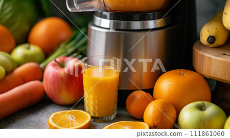 AI-generated content. Closeup on a juicer filled with ripe oranges, apples, and bananas being prepared for extraction 111861060