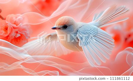 Fairy-tale mystical bird on peach color background. 111861112