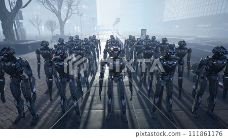 3d rendering of robotics army, industrial group of cyborg machines on factory background. Futuristic AI robotic team, artificial intelligence technology concept. 3d rendering of robotics army, industrial group of cyborg machines on factory background. Futuristic AI robotic team, artificial intelligence technology concept. 111861176
