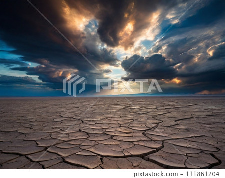 Soil drought. cracked earth. landscape in the sunset sky 111861204