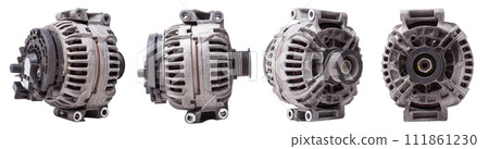 Collage of a car generator from all sides, an element of a car electrical network on a white background, close-up details of the generator. Spare auto parts for repairs. Collage of a car generator from all sides, an element of a car electrical network on a white background, close-up details of the generator. Spare auto parts for repairs. 111861230