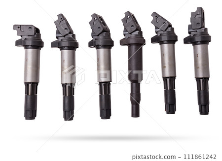 Six ignition coils for an internal combustion engine of a car during repair and service on a white isolated background. Spare parts catalog. 111861242