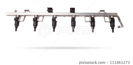 Close-up on a car fuel injector for supplying gasoline to cylinder engine on a white isolated background. Spare parts catalog. Close-up on a car fuel injector for supplying gasoline to cylinder engine on a white isolated background. Spare parts catalog. 111861273