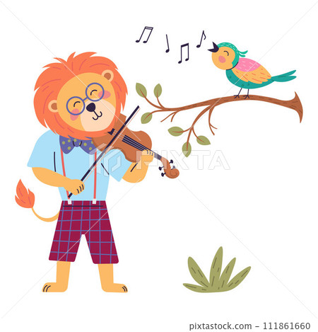Animal music vector illustration. Happy animals come together to perform cheerful melody in music magical animal music festival turns. A lion plays the violin, a bird sings while sitting on a branch 111861660