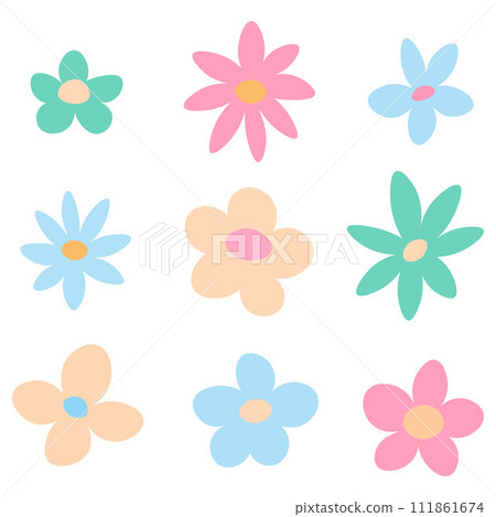 A vector illustration set featuring nine simplistic flowers in soft pastel colors, each bloom presenting a unique combination of petals and cheerful hues 111861674