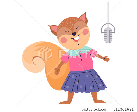 Animal music vector illustration. Happy creatures celebrate in magical animal music festival under stars Join cheerful music band as they perform lively orchestra in zoo. Squirrel sings 111861681