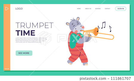 Animal music vector illustration. Join festive music festival in zoo, where animals create joyful music concept turns zoo into magical fairy tale celebration. Trumpet time, hippo plays the trumpet 111861707
