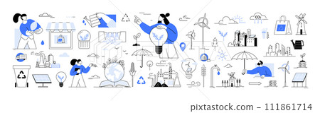 Renewable energy eco friendly practices sustainable business. Green energy set. Sustainable development. Ecological ecosystem and pollution. Ecology smart systems and recycling icon set. Solar, water 111861714