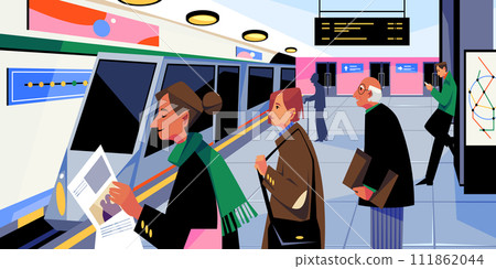 Subway vector banner or train in metro station. Railway underground platform sign. Metropolitan interior infrastructure with passenger tourist. Modern city wagon transport. Railroad architecture Subway vector banner or train in metro station. Railway underground platform sign. Metropolitan interior infrastructure with passenger tourist. Modern city wagon transport. Railroad architecture 111862044