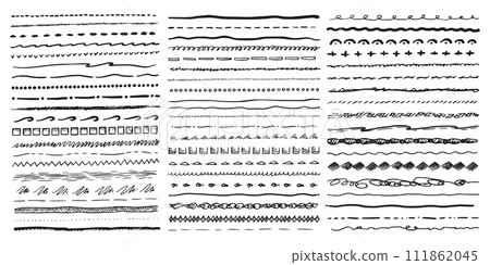 Vector pen lines or brushes underline. Set of pencil dividers or black contour. Hand drawn dividing scribble or wiggle doodle. Ornament or decoration for typography. Marker element for border. Vector pen lines or brushes underline. Set of pencil dividers or black contour. Hand drawn dividing scribble or wiggle doodle. Ornament or decoration for typography. Marker element for border. 111862045