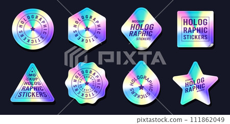 Vector set of holographic stickers or hologram tags. Isolated realistic gradient label or holography seal. Different shape seal. Holography badge for product original guarantee or quality sign. 111862049