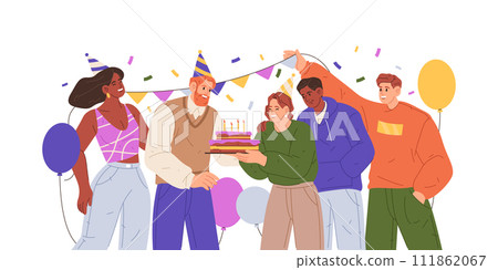 People at birthday party with cake. Vector illustration of anniversary celebration with surprise gift or present. Office man and woman friends festive celebrating. Greeting card or holiday invitation 111862067