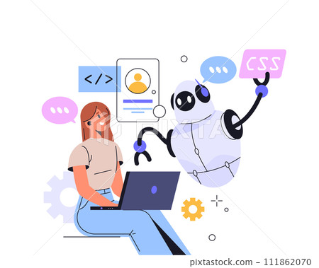AI coding helper illustration. Vector artificial intelligence robot teaching programming or software technology. CSS and html technology web developer. Cartoon user learn computer science.Teach online 111862070