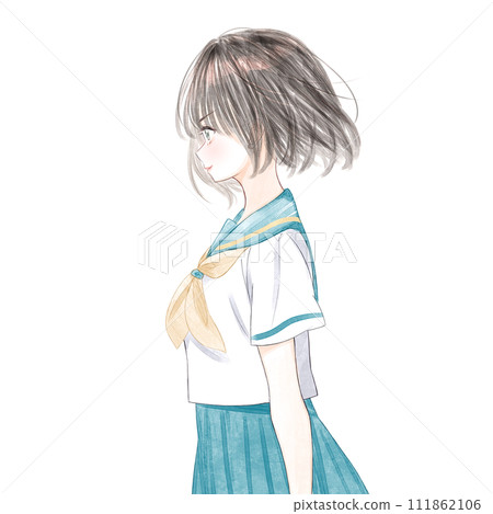 一名身穿水手服的高中女生微笑著側視的圖像插圖 111862106