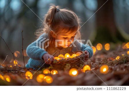 A Child Gently Cradles the Warm Glow of Nature's Evening Eggs, Hidden Easter Delights 111862229