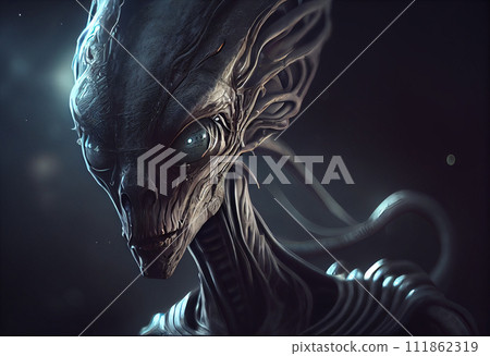 Soft focus of Portrait of an alien in dark background. Soft focus of Portrait of an alien in dark background. 111862319