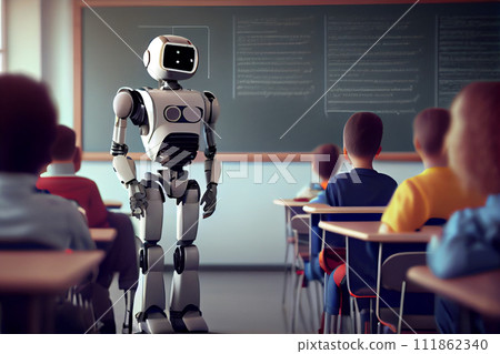 Schools of future. Smart self automated robot looking at the pupils while giving them a lesson Schools of future. Smart self automated robot looking at the pupils while giving them a lesson 111862340