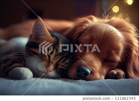 Cat and dog sleeping together. Kitten and puppy taking nap. Home pets. Animal care. Love and friendship. Domestic animals. 111862343