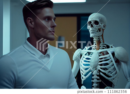 Young male doctor and skeleton patient at the hospi 111862356