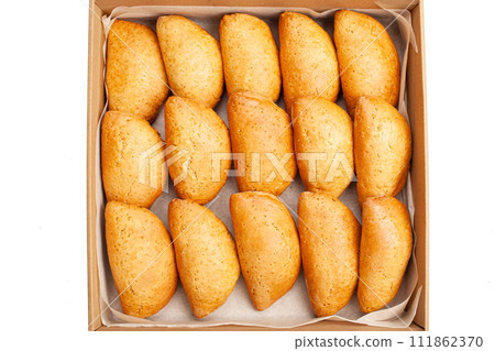 Gastronomic box, food, home delivery of ready meals. Food for holiday, dinner, corporate. Catering. A set of pies 111862370