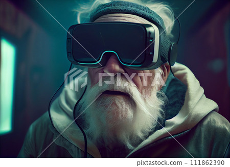 Fictional portrait of a grandfather in a futuristic cyberpunk style with a cyber headset. A high-tech man from the future. The concept of virtual reality and cyberpunk. 3D render. 3D Illustration 111862390