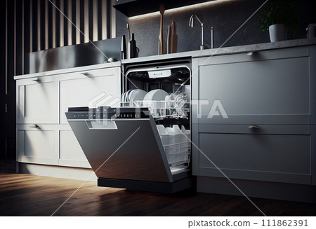Open empty dishwasher in a modern kitchen. Integrated dishwasher with drawers. Open empty dishwasher in a modern kitchen. Integrated dishwasher with drawers. 111862391