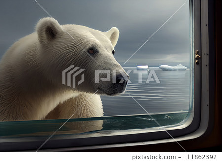 Polar bear looking through glass window  111862392