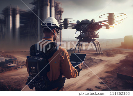 Drone inspection. Operator inspecting construction site control by civil engineer 111862393