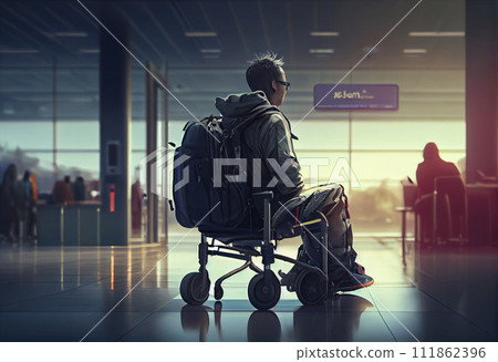 Disabled Adult People Travel In Wheelchair At Airport 111862396