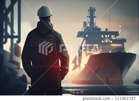 Marine Deck Officer or Chief mate on deck of offshore vessel or ship , wearing PPE personal protective equipment - helmet, coverall. Ship is on background Marine Deck Officer or Chief mate on deck of offshore vessel or ship , wearing PPE personal protective equipment - helmet, coverall. Ship is on background 111862397