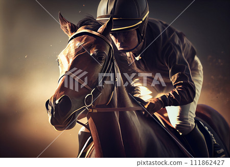 racing horse portrait in action 111862427