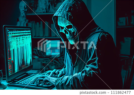 Grim Reaper hacker Using Laptop. Grim Reaper And Laptop. Cybersecurity and virus concept Grim Reaper hacker Using Laptop. Grim Reaper And Laptop. Cybersecurity and virus concept 111862477
