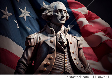 Georges Washington statue, american flag background Georges Washington statue, american flag background 111862481