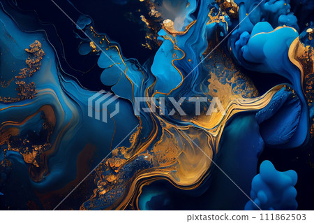 Luxurious modern 3d wallpaper. Abstract marble fluid art background. Blue and gold colors Luxurious modern 3d wallpaper. Abstract marble fluid art background. Blue and gold colors 111862503