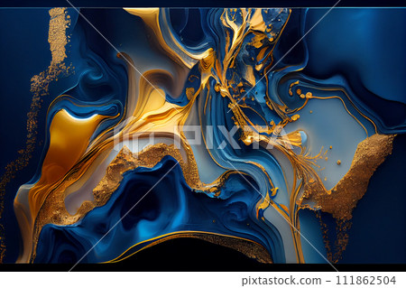 Luxurious modern 3d wallpaper. Abstract marble fluid art background. Blue and gold colors Luxurious modern 3d wallpaper. Abstract marble fluid art background. Blue and gold colors 111862504