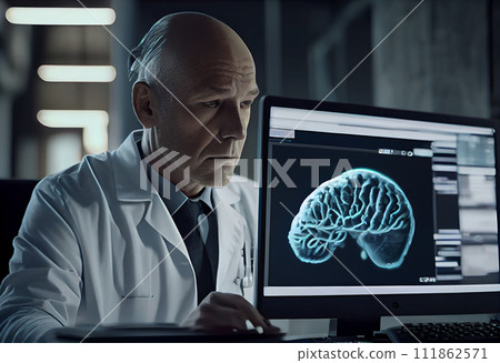 Senior Medical Research Scientist Working with Brain Scans on His Personal Computer. Modern Laboratory Working on Neurophysiology, Science, Neuropharmacology. Understanding Human Brain. Senior Medical Research Scientist Working with Brain Scans on His Personal Computer. Modern Laboratory Working on Neurophysiology, Science, Neuropharmacology. Understanding Human Brain. 111862571
