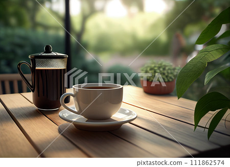 warm cup of coffee on wooden table 111862574