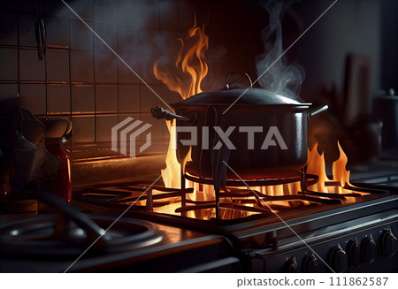 Fire gas burn is cooking on iron pan,stir fire very hot Fire gas burn is cooking on iron pan,stir fire very hot 111862587