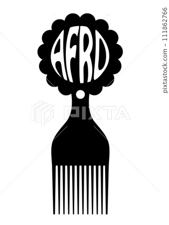 afro comb symbol, african hairbrush sign for curly hair, simple flat design of black silhouette with Afro text writing, vector illustration isolated on white background 111862766