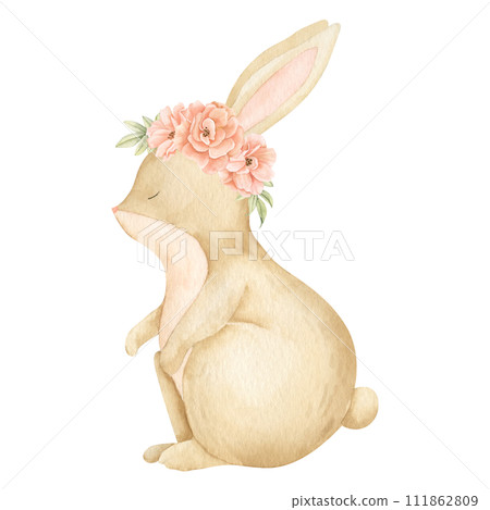 Bunny with flowers watercolor illustration. Hand drawn forest Hare with roses in pastel colors for Baby shower greeting cards or childish party invitations. Woodland Hare for kids. animal for nursery. Bunny with flowers watercolor illustration. Hand drawn forest Hare with roses in pastel colors for Baby shower greeting cards or childish party invitations. Woodland Hare for kids. animal for nursery. 111862809